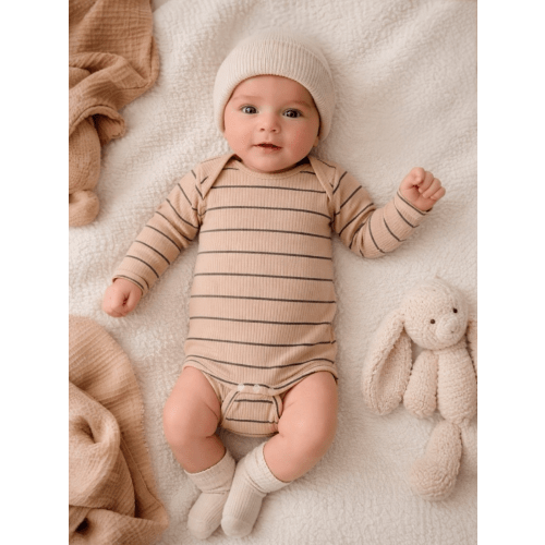 Tan/Black Stripe / Ribbed Long Sleeve Bodysuit