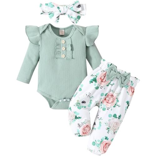Baby Girl Clothes Newborn Infant Outfits Ruffle Romper+ Floral Pants + Cute Headband Sets for Girls
