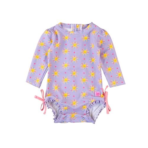 RuffleButts Baby Girls UPF 50+ Sun Protection Novelty Print Long Sleeve One Piece Rash Guard Swimsuit with Zipper