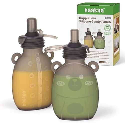 haakaa Happii Bear Silicone Goody Pouch,Reusable Baby Food Pouches for Homemade Organic Purees, Juices, Smoothies, and Yogurt - Perfect for Toddlers and Kids - 2 Pack, 6oz