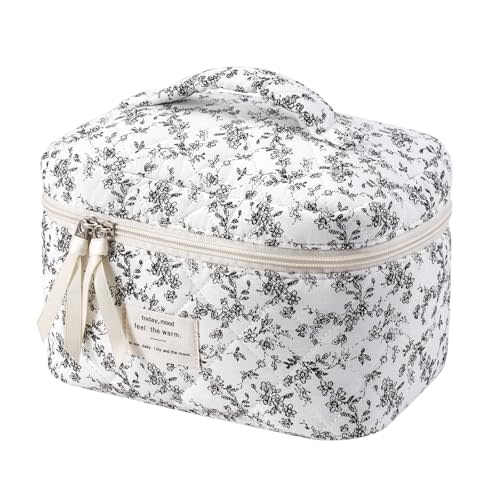 uekeboag Large Travel Quilted Makeup Bag for Women | Soft Floral Cotton Cosmetic Bag, Foldable Coquette Aesthetic Toiletry Organizer