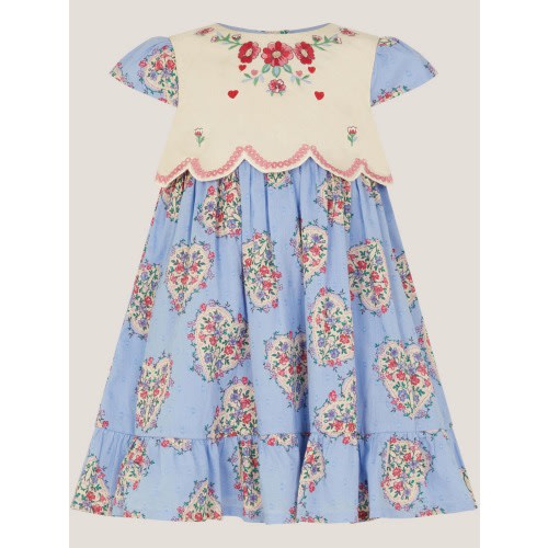 Monsoon Blue Baby Heart Print Embroidered Panel Dress