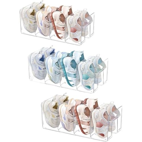 Clear Acrylic Kids Shoe Rack for Closet Organizers and Storage, Small Shoe Rack 4 Sections Toddler Baby Shoe Storage Organizer Stackable Shoe Shelf,kids closet organizers and storage(3Pack)
