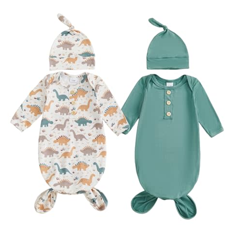 woshilaocai 2 Pack Baby Boy Girl Gown Sleeper Newborn Knotted Nightgown and Hat Set Infant Sleepwear