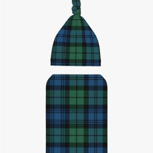 Scottish Plaid Clan Campbell Green Blue Tartan Baby Stuff Swaddle Blanket with Beanie Set, Soft Baby Blankets Newborn Sleeping Sacks for Girls Boys