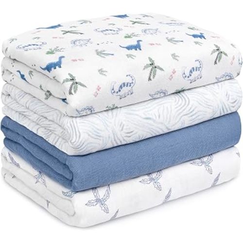 GLLQUEN BABY Muslin Swaddle Blankets 4-Pack Breathable Receiving Blankets (35" x 40") Soft Baby Blankets for Girls and Boys Newborn Essentials Muslin Burp Cloths Swaddle Wrap Baby Gift(Dinosaur)