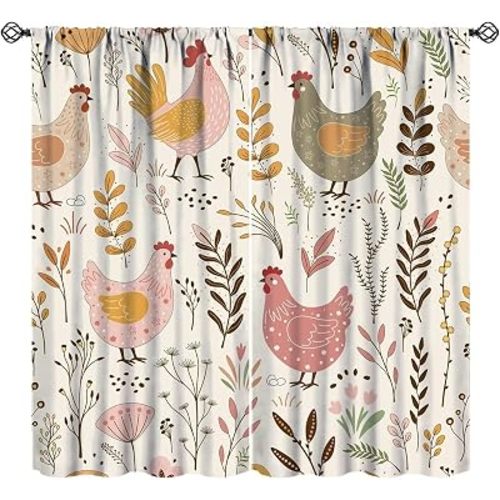 JESTRONRY Rustic Farm Animal Curtain, Cute Cartoon Chickens Rooster Floral Print Window Treatments Bedroom Curtain, Country Style Home Decor Drapes 63" W X 72" L (Blackout)