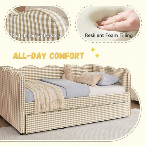 DEINPPA Twin Size Upholstered Daybed with Trundle, Gingham Daybed with USB Ports for Bedroom Living Room Guest Room-Brown