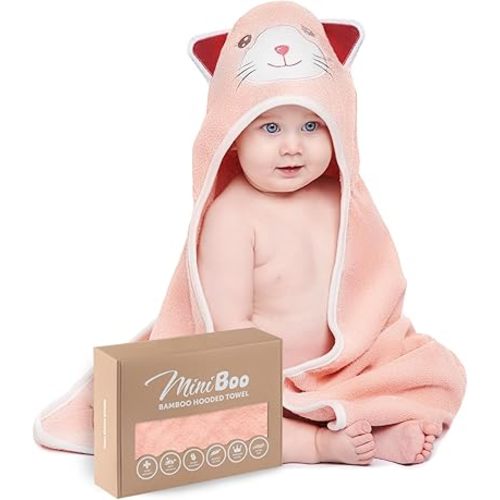 MINIBOO Premium Baby Towel with Cat Design - Extra Soft and Absorbent Rayon from Bamboo Baby Hooded Towel for Newborns, Infants, and Toddlers - Perfect as Baby Gifts