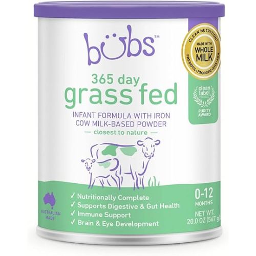 Bubs 365 Day Grass Fed Infant Formula with Iron, Cow Milk-Based Powder for Infants 0-12 Months, Made with Non-GMO Milk, 20 oz