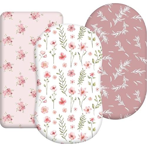Floral Bassinet Sheets Girl 3 Pack, Breathable Cozy Fitted Mattress Sheet, Elastic Travel Bassinet Fashionable, Standard Cradle Safe Sheets for Baby Boy Girls 32" x 16"