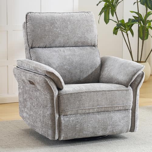 Rhevoy Oversized Power Recliner Chair Swivel Glider with Massage and Heat, Rocker Nursery Recliner for Adults with Adjustable Headrest, 26" Extra Wide Nursery Chair with Overstuffed Armrest,Light Grey