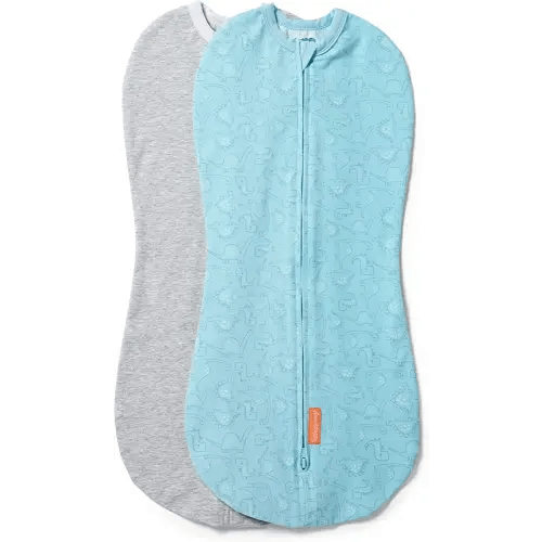 SwaddleMe by Ingenuity Compression Baby Swaddle Pod, Two-Way Zipper for Easy Diaper Changes, Improves Sleep & Calms Startle Reflex, 0-2 Months, 1.0 TOG, 2-Pack - Dino Jam