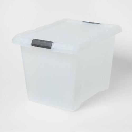 Large Frosted Latching Storage Box - Brightroom™: Stackable Clear Tote, 76L Capacity, Polypropylene, Universal Storage