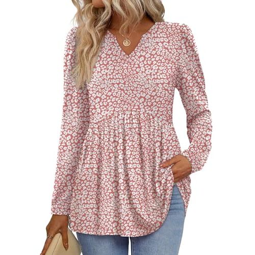 WIHOLL Womens Tops Long Sleeve Fall Shirts Babydoll Peplum Tops for Women V Neck Tunic Dressy Casual Blouses