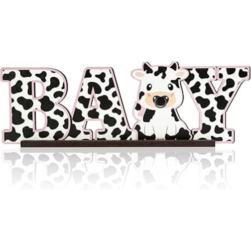 ANGOLIO Baby Cow Print Wooden Table Centerpiece, Cow Theme Party Decor, 13.7 x 4.5 Inches