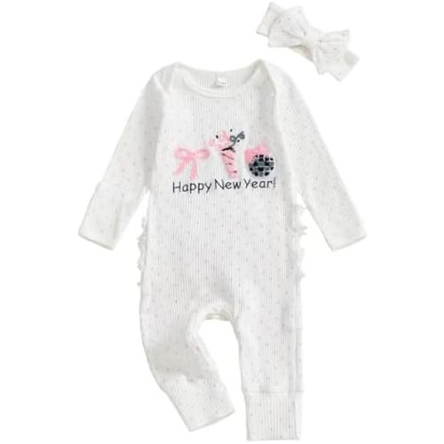 My 1st Christmas Baby Girl Outfit Letter Print Ribbed Long Sleeve Romper Jumpsuit Newborn Fall Winter Clothes Headband