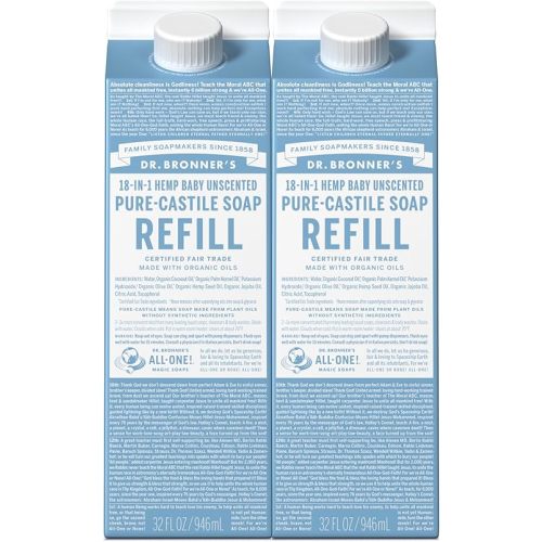 Dr. Bronner's Pure-Castile Liquid Soap Refill (Baby Unscented 32oz, Pack of 2)