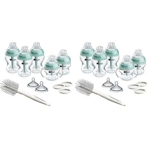 Tommee Tippee Advanced Anti-Colic 12 Piece Set, 5 oz & 9 oz BPA Free Bottles, Newborn 0+ Months, Includes Slow & Medium-Flow Breast-Like Nipples and Bottle Handles and Cleaning Brush (Pack of 2)