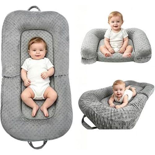 Baby Lounger for Newborn,0-12 Months,Foldable Soft Infant Lounger Pillow for Home and Travel, Baby Nest Lounger with Cover,Multi-Use Portable Baby Lounger for Supervised Play&Tummy Time, Grey