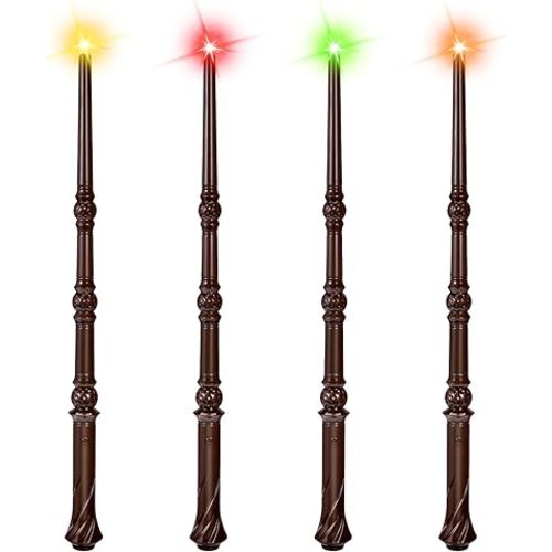 EnrichFun Light Up Magic Wand with Sounds & 4 Color Lights - 4PCS Illuminating Wizard Witch Toy Wands for Kids - Cosplay Birthday Party Favors, Brown