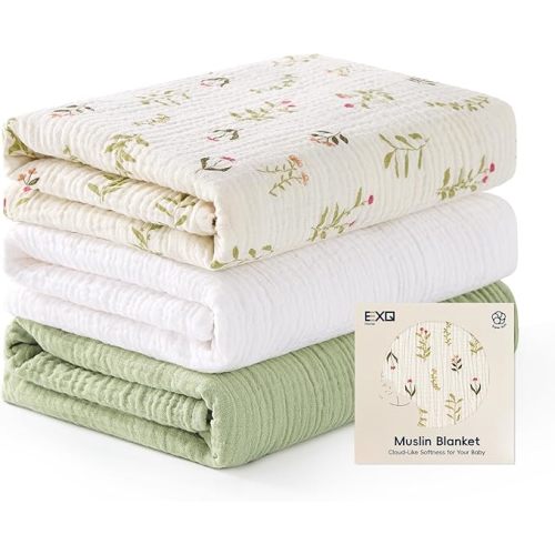 Muslin Swaddle Blankets for Baby, 3 Pack Cotton Breathable Soft Receiving Blankets for Newborn Boys and Girls, Baby Essentials & Gift, 38x40 inches(Green Leaves)