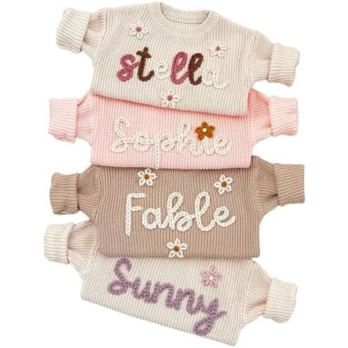 NAZENTI Personalized Baby Sweater with Name, Custom Hand-Embroidered Knit Pullover for Newborn Infant Toddler Girl Boy Outfit