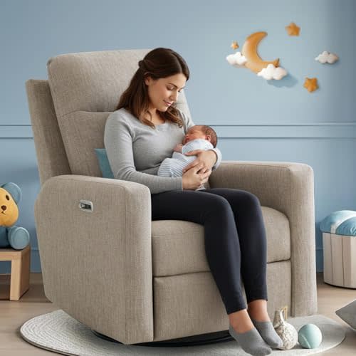 Power Swivel Recliner Chair for Adults Nursery, 270° Oversized Rotating Chenille Rocker Recliners Glider w/USB & Type-C Charging Port Rocking Reclining Chair Single Sofa for Living Room,Bedroom,Brown