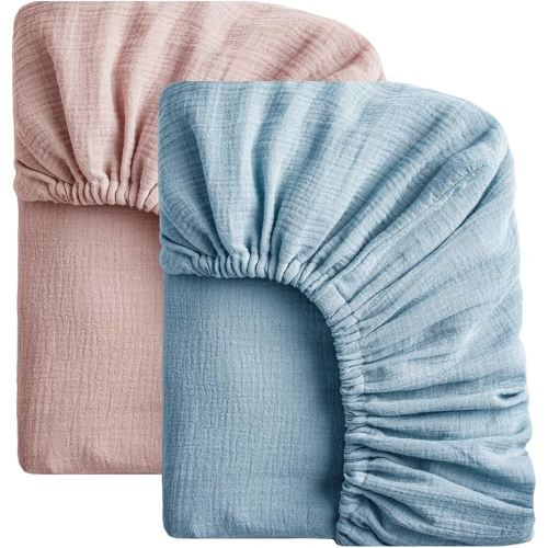 SOULFUL Muslin Crib Sheets for Boys Girls, 2 Pack Soft and Breathable Cotton Fitted Crib Sheets for Standard Crib Mattress (28"x 52", Blue & Dusty Rose)