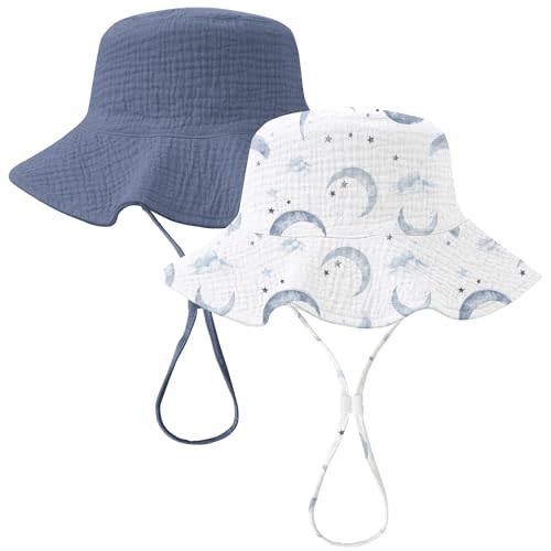 Konssy 2 Pack Muslin Baby Sun Hat UPF 50+ Sun Protection Baby Bucket Hat Summer Beach Hats with Wide Brim for Boys & Girls
