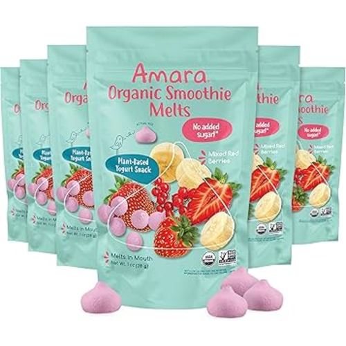 Amara Smoothie Melts - Mixed Red Berries - Baby Snacks Made With Fruits and Vegetables - Healthy Toddler Snacks For Your Kids Lunch Box - Organic Plant Based Yogurt Melts - 6 Resealable Bags