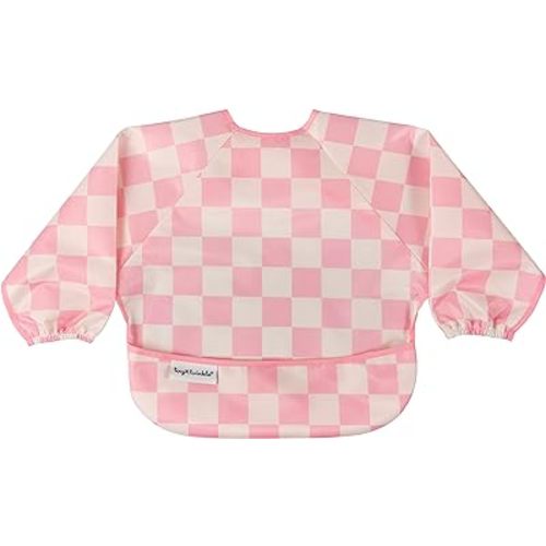 Tiny Twinkle Mess Proof Baby Bib, Cute Full Sleeve Bib Outfit, Waterproof Bibs for Toddlers, Machine Washable, Tug Proof, Baby Smock for Eating, Long Sleeved (Checkers Pink, Small 6-24 Months)