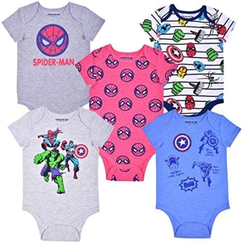 Marvel Avengers Boys’ 5 Pack Short Sleeve Bodysuits for Newborn and Infant – Blue/Red/Grey/White/Yellow/Green - 12 Months