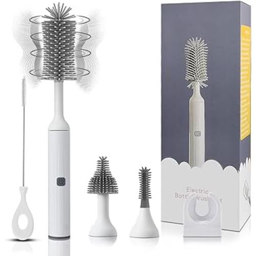 Augensterm Electric Cleaning Brush with USB Rechargeable Electric Bottle Brush Cleaner and 3 Replaceable Silicone Bottle Brushes and Straw Cleaner Brush,Perfect Baby Gifts and Kitchen Brushes(White)