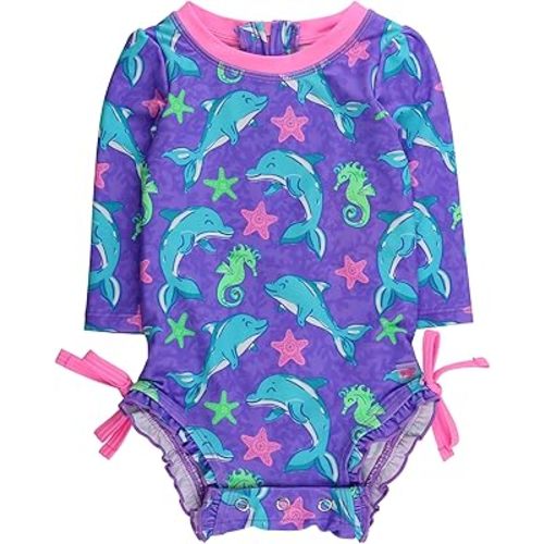 RuffleButts Baby Girls UPF 50+ Sun Protection Floral Printed Long Sleeve One Piece Rash Guard Swimsuit with Zipper