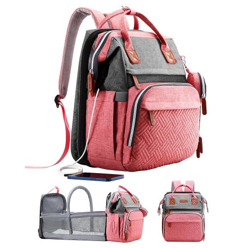 Diaper Bag Backpack with Changing Station, Large Diaper Bag, Baby Bag, Multifunctional Diaper Bag, Pinkgray
