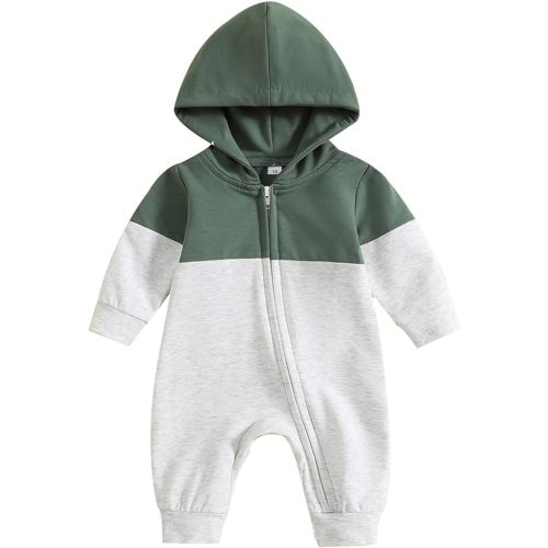 Newborn Baby Boy Fall Outfit Romper Long Sleeve Hooded Contrast Color Zipper Onesie Jumpsuit Bodysuit Infant Clothes