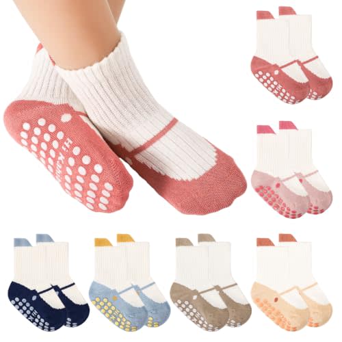 6 Pairs Baby Toddler Grip Socks Girl Boys Non Slip Socks | Cute Crew Sock with Grips for Newborn Infant Toddler Baby 1-3 Years