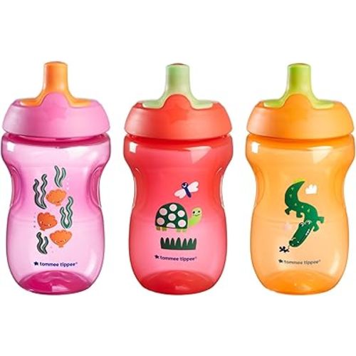 Tommee Tippee Sporty Bottle, 10oz Sippy Cups for Toddlers 1-3, Spill-Proof, Bite Resistant Spout, Easy to Hold Design, BPA Free, Pack of 3, Pink, Red and Orange