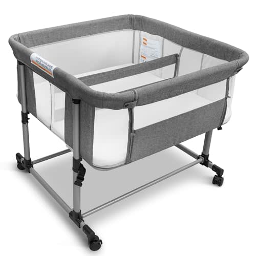 Twin Bassinet for 2 Babies, Double Bassinet for Twins, Baby Bassinet with Wheels, Full-Mesh Sides, 5-Height Adjustable, Portable and Stable Baby Crib for Newborns (Basic Grey)