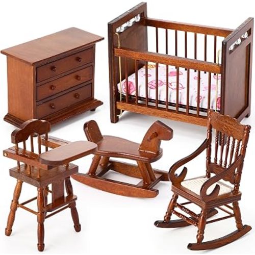 Silipull 5 Pcs 1: 12 Scale Wooden Dollhouse Furniture Set Miniature Wood Bedroom Furniture Wooden Dollhouse Accessories Encourage Creative and Imaginative Play for Kid Miniature Bathroom (Wood Color)