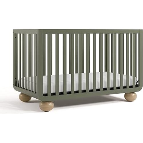 Storkcraft Amalfi 5-in-1 Convertible Crib with Toddler Guardrail (Olive & Driftwood) – GREENGUARD Gold Certified, Toddler Bed Conversion Kit Included, Fits Standard Crib Mattress, Converts to Full Bed