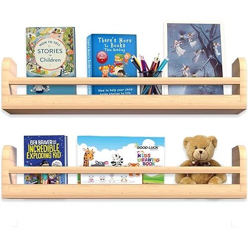 ELMORA Nursery Book Shelves, 16.5 Inch Floating Book Shelves for Wall, Set of 2 Nursery Shelves for Baby Room, Floating Shelves for Kids Room, Ideal for Books, Toys, Spice Rack, Decor (Natural Wood)