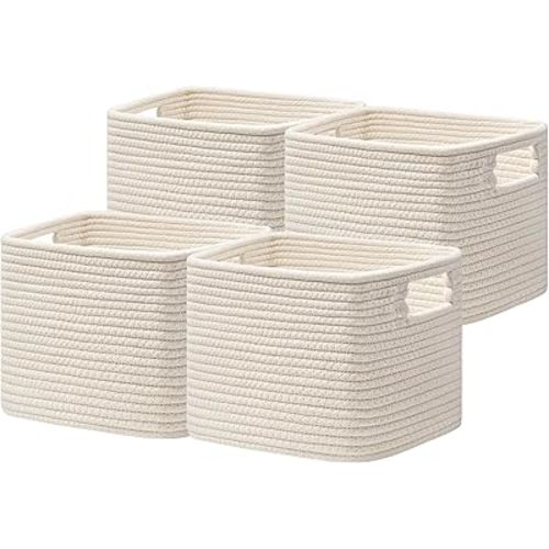 UBBCARE Storage Cubes 4 Pack, 11x 11x 7.8 Cube Storage Bin with Handles, Cotton Rope Baskets for Organizing, Woven Baskets for Shelf, Baby Nursery, Toy Storage, Closet, Classroom, Beige
