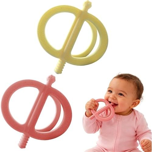 Baby Teething Toys Easy to Hold - 100% Food Grade Silicone Teething Ring for Babies 0-18 Months - BPA Free Teething Pain Relief for Infants 3-6-12 Months,Yellow&Pink