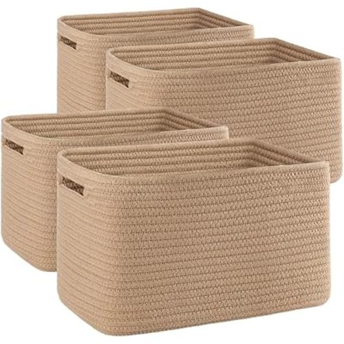 OIAHOMY 4 Pack Storage Baskets for Organizing, Cube Storage Bins for Shelves, Rectangle Storage Baskets With Handles, Woven Baskets for Storage, 12.7''Lx9''Wx7.8''H, Yellow