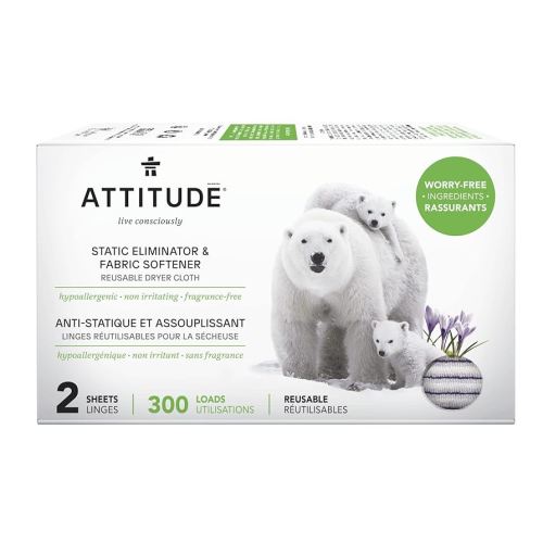 ATTITUDE Reusable Dryer Sheets, Static Eliminator & Fabric Softener, Fragrance-Free Laundry, Made in Canada, 300 Loads, 2 Sheets (1 Pack)