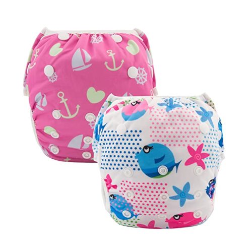 ALVABABY Swim Diapers 2pcs Reusable Baby Boy Swim Diaper 0-8 Months Adjustable Snap Washable Infant Toddler Swimming Diaper for Pool Beach & Swim Lessons – Waterproof PUL Leak-Proof UPF 30+ Small Size