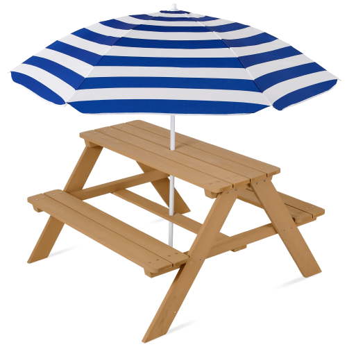 Best Choice Products Kids Wooden Picnic Table, Outdoor Activity Table w/ Adjustable Umbrella, Seats - Natural/Navy