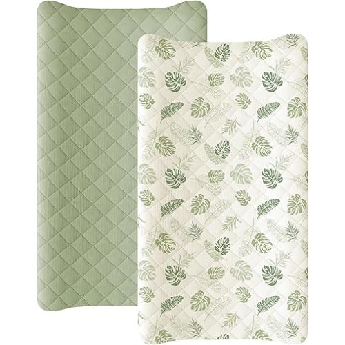Konssy Waterproof Muslin Changing Pad Cover 2 Pack, Quilted Cotton Fitted Diaper Changing Table Cover, Soft Changing Pad Sheets for Girls Boys (Palm Paradise,Sage)